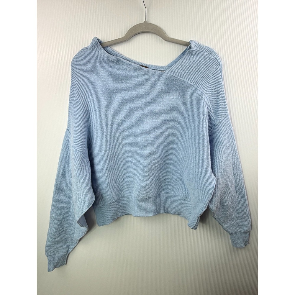 Free People Chenille Cropped Sweater Womens XS Light Blue Ribbed Knit Pullover